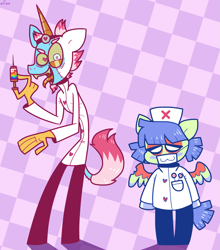 Size: 1973x2237 | Tagged: safe, artist:spritecranbirdie, imported from derpibooru, oc, oc only, oc:dr rainbowz, oc:nurse luvz, anthro, pegasus, undead, unicorn, zombie, zombie pony, anorexic, anthro oc, beard, checkered background, clothes, coat, colored wings, doctor, duo, face mask, facial hair, female, gloves, hat, heart, heart eyes, lab coat, male, mask, multicolored wings, needle, no pupils, nurse, nurse hat, nurse outfit, patterned background, rainbow, sharp teeth, stitches, syringe, teeth, tongue out, unkempt mane, wingding eyes, wings