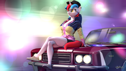 Size: 1920x1080 | Tagged: safe, artist:anthroponiessfm, imported from derpibooru, oc, oc only, oc:audina puzzle, anthro, plantigrade anthro, unicorn, 3d, anthro oc, car, clothes, cosplay, costume, crossed legs, cute, ear piercing, earring, female, glasses, hoodie, jewelry, piercing, shoes, shorts, solo, source filmmaker