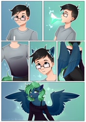 Size: 1448x2048 | Tagged: safe, artist:buvanybu, imported from derpibooru, oc, oc only, oc:emerald, anthro, human, pegasus, clothes, comic, commission, female, human to anthro, male, male to female, potion, rule 63, solo, transformation, transgender transformation