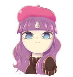 Size: 965x1024 | Tagged: safe, artist:91o42, artist:auntie_grub, imported from derpibooru, rarity, pony, unicorn, beatnik rarity, beret, clothes, cute, female, hat, horn, mare, simple background, smiling, solo, sweater, white background