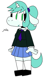 Size: 627x1057 | Tagged: safe, artist:spritecranbirdie, imported from derpibooru, oc, oc only, oc:jade, anthro, unicorn, anthro oc, breasts, clothes, female, green eyes, kneesocks, lipstick, necktie, ponytail, shoes, simple background, skirt, socks, solo, suit, white background