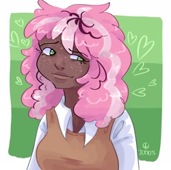 Size: 2048x2033 | Tagged: safe, artist:dmitrymemovznok, imported from derpibooru, cheerilee, human, alternate hairstyle, clothes, cute, dark skin, female, freckles, heart, humanized, shirt, solo, vest