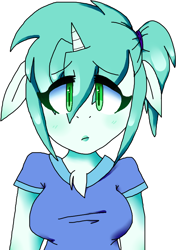 Size: 670x950 | Tagged: safe, artist:spritecranbirdie, imported from derpibooru, oc, oc only, oc:jade, anthro, unicorn, blushing, breasts, bust, chest fluff, clothes, female, furry, green eyes, lipstick, ponytail, shirt, simple background, solo, white background