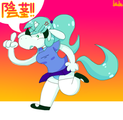 Size: 1280x1250 | Tagged: safe, artist:spritecranbirdie, imported from derpibooru, oc, oc only, oc:jade, anthro, unicorn, angry, chinese, clothes, cross-popping veins, dialogue, female, gradient background, miniskirt, panties, ponytail, skirt, solo, stockings, thigh highs, translated in the comments, underwear, vulgar