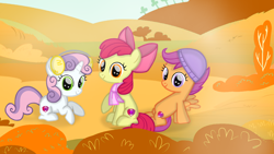 Size: 1280x720 | Tagged: safe, artist:mlplary6, imported from derpibooru, apple bloom, scootaloo, sweetie belle, earth pony, pegasus, pony, unicorn, autumn, cutie mark crusaders, female, filly, foal, friends, looking at you, smiling, smiling at you