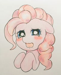 Size: 1678x2048 | Tagged: safe, artist:auntie_grub, imported from derpibooru, pinkie pie, earth pony, pony, blushing, crying, cute, diapinkes, female, looking at you, mare, open mouth, sad, sadorable, solo, teary eyes, traditional art