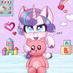 Size: 1280x1280 | Tagged: safe, artist:galaxy swirl, imported from derpibooru, princess flurry heart, alicorn, pony, baby, baby pony, blocks, building blocks, cute, daaaaaaaaaaaw, female, filly, flurrybetes, foal, plushie, pretending to be a bear, solo, teddy bear, unshorn fetlocks