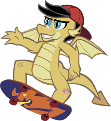 Size: 1204x1320 | Tagged: safe, artist:tarkan809, edit, imported from derpibooru, vector edit, dragon, bandaid, bandaid on nose, cap, dragonified, hat, samantha, simple background, skateboard, skateboarding, solo, species swap, transparent background, vector