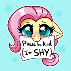 Size: 2000x2000 | Tagged: safe, artist:confetticakez, imported from derpibooru, fluttershy, pegasus, pony, blue background, blushing, cute, female, floppy ears, heart eyes, hnnng, mare, mouth hold, shy, shyabetes, sign, simple background, solo, stars, wingding eyes