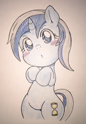 Size: 718x1024 | Tagged: safe, artist:auntie_grub, imported from derpibooru, minuette, pony, semi-anthro, unicorn, bipedal, blushing, female, horn, mare, solo, traditional art