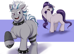 Size: 2455x1800 | Tagged: safe, artist:sallylla, imported from derpibooru, oc, oc:mallow mist, pony, unicorn, alphabittle blossomforth, alternate hairstyle, butt freckles, choker, chubby, clothes, drama queen, duo, dyed mane, eyebrows, eyes closed, facehoof, female, fishnets, floppy ears, freckles, frustrated, g5, gloves, hairband, hooves, horn, i've failed as a parent, it's a phase, it's not a phase, leather straps, leg band, looking at someone, looking back, male, mare, mother, mother and child, mother and son, mothers gonna mother, my little pony: a new generation, open mouth, open smile, parent, punk, raised hoof, rebel, rebellious teen, simple background, smiling, smug, spiked choker, spiked wristband, stallion, standing, tail, teenager, teeth, unicorn oc, unshorn fetlocks, walking, wristband, younger