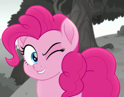 Size: 624x491 | Tagged: safe, imported from derpibooru, screencap, pinkie pie, rainbow roadtrip, cropped, one eye closed, solo, wink