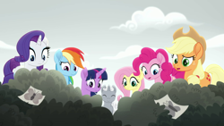 Size: 1280x720 | Tagged: safe, imported from derpibooru, screencap, applejack, fluttershy, pinkie pie, rainbow dash, rarity, sunny skies, twilight sparkle, alicorn, butterfly, earth pony, pegasus, pony, unicorn, rainbow roadtrip, mane six, twilight sparkle (alicorn)