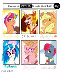 Size: 1423x1695 | Tagged: safe, artist:aztrial, imported from derpibooru, apple split, applejack, daybreaker, dj pon-3, sunny starscout, vinyl scratch, alicorn, earth pony, pony, unicorn, six fanarts, apple family member, book, collar, fangs, g5, glasses, jewelry, journal, mane of fire, necklace, one eye closed, pearl necklace, phyllis cloverleaf, unshorn fetlocks, vinyl's glasses, wink