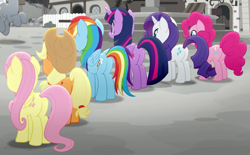 Size: 911x565 | Tagged: safe, imported from derpibooru, screencap, applejack, fluttershy, pinkie pie, rainbow dash, rarity, sunny skies, twilight sparkle, alicorn, earth pony, pegasus, pony, unicorn, rainbow roadtrip, applebutt, balloonbutt, butt, butt focus, cropped, female, flutterbutt, mane six, mare, plot, rainbutt dash, rearity, twibutt, twilight sparkle (alicorn)