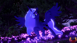 Size: 3840x2160 | Tagged: safe, artist:loveslove, imported from derpibooru, princess luna, alicorn, butterfly, pony, 3d, blurry background, butterfly on nose, female, flower, forest, glowing, glowing mane, glowing tail, high res, horn, insect on nose, looking at someone, mare, night, night sky, raised hoof, sky, smiling, solo, source filmmaker, spread wings, stars, tail, wings