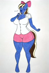 Size: 2368x3548 | Tagged: safe, artist:thaliaglacyswells, imported from derpibooru, oc, oc:sundae shake, anthro, blueberry inflation, breasts, clothes, female, imminent inflation, milkshake, sequence, solo, traditional art, turning blue