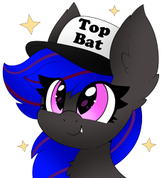Size: 2515x2727 | Tagged: safe, artist:pegamutt, imported from derpibooru, oc, oc only, oc:ebony rose, bat pony, chest fluff, clothes, commission, commissioner:wolfgangrd, ear tufts, eyelashes, fangs, hat, simple background, solo, top bat, transparent background