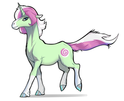 Size: 2838x2300 | Tagged: safe, artist:whitearbalest, imported from derpibooru, oc, oc:minty horn, pony, unicorn, looking at you, simple background, smiling, solo, walking, white background