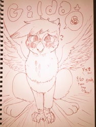 Size: 768x1024 | Tagged: safe, artist:auntie_grub, imported from derpibooru, gilda, griffon, female, japanese, looking at you, sitting, solo, speech bubble, spread wings, sweat, traditional art, wings