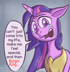 Size: 1851x1914 | Tagged: safe, artist:exedrus, derpibooru exclusive, imported from derpibooru, twilight sparkle, alicorn, pony, burger king, context is for the weak, crying, dialogue, female, jewelry, looking at you, meme, ponified meme, regalia, simple background, solo, twilight burgkle, twilight sparkle (alicorn), wall smath, wat