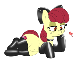Size: 1200x975 | Tagged: safe, artist:pabbley, color edit, edit, imported from derpibooru, apple bloom, earth pony, pony, bedroom eyes, belly button, bow, choker, clothes, colored, female, floating heart, freckles, hair bow, heart, latex, latex socks, lidded eyes, lying down, mare, older, older apple bloom, raised hoof, raised leg, simple background, sketch, smiling, socks, solo, transparent background