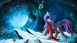 Size: 5000x2813 | Tagged: safe, artist:atlas-66, imported from derpibooru, oc, oc only, oc:astral wind, alicorn, pony, alicorn oc, cave, clothes, horn, plow, scarf, shovel, snow, snowfall, solo, wings