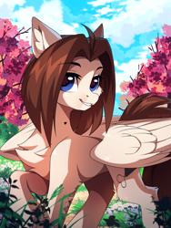 Size: 2300x3064 | Tagged: safe, artist:redchetgreen, imported from derpibooru, oc, oc only, pegasus, pony, cheek fluff, chest fluff, concave belly, grass, looking at you, outdoors, partially open wings, raised hoof, slim, smiling, smiling at you, solo, tattoo, thin, tree, wings