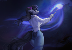 Size: 1738x1206 | Tagged: safe, artist:margony, imported from derpibooru, octavia melody, anthro, earth pony, ass, bow, butt, clothes, eyes closed, female, hair bow, jeans, magic wand, pants, solo, treblebutt