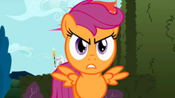 Size: 1280x720 | Tagged: safe, imported from derpibooru, screencap, scootaloo, pegasus, pony, season 2, the return of harmony, angry, cute, cutealoo, female, filly, foal, gritted teeth, looking at you, madorable, narrowed eyes, reaction image, solo, spread wings, teeth, wings