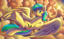 Size: 4565x2800 | Tagged: safe, artist:kaylerustone, imported from derpibooru, oc, oc only, oc:sky, pegasus, pony, cloud, commission, flying, looking at you, male, spread wings, stallion, sunset, tongue out, underhoof, wings