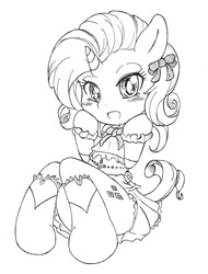 Size: 520x686 | Tagged: safe, artist:auntie_grub, imported from derpibooru, rarity, pony, semi-anthro, unicorn, clothes, female, horn, looking at you, mare, monochrome, simple background, solo, white background