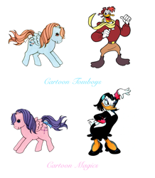 Size: 1411x1617 | Tagged: safe, edit, imported from derpibooru, wind whistler, bird, duck, pegasus, pony, blue text, clothes, comparison, crossover, disney, ducktales, female, g1, launchpad mcquack, magica de spell, magician, male, mare, north star (g1), pilot, pink text, scarf, shoes, simple background, text, white background