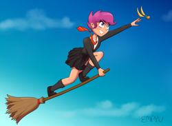 Size: 1200x880 | Tagged: safe, artist:empyu, imported from derpibooru, scootaloo, human, equestria girls, broom, clothes, cloud, crossover, female, flying, flying broomstick, harry potter (series), mary janes, miniskirt, pleated skirt, quidditch, shoes, skirt, skirt lift, skirtaloo, sky, socks, solo, warner brothers, wizard