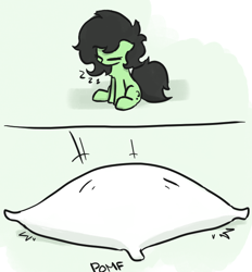 Size: 618x666 | Tagged: safe, artist:plunger, imported from derpibooru, oc, oc only, oc:filly anon, earth pony, pony, 2 panel comic, chest fluff, comic, death, earth pony oc, eyes closed, female, filly, foal, mare, onomatopoeia, pillow, pillow fight, pomf, simple background, sitting, sleeping, solo, sound effects, zzz