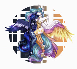 Size: 1280x1155 | Tagged: safe, artist:aqualit, imported from derpibooru, princess celestia, princess luna, alicorn, anthro, pony, armor, blue eyes, blue mane, breasts, digital art, ear fluff, feather, female, flowing mane, gem, hoof shoes, horn, jewelry, lidded eyes, looking at you, mare, necklace, pink eyes, regalia, royal sisters, siblings, signature, simple background, sisters, spread wings, teeth, white background, wings