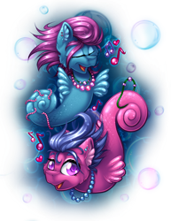 Size: 900x1165 | Tagged: safe, artist:mychelle, imported from derpibooru, oc, oc only, sea pony, bubble, cute, digital art, ear fluff, eyes closed, fins, flowing mane, g1, jewelry, looking at you, mermay, music notes, necklace, ocean, open mouth, pearl necklace, purple eyes, shoo be doo, simple background, singing, smiling, transparent background, underwater, water
