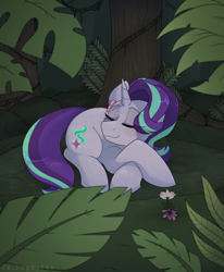 Size: 1472x1789 | Tagged: safe, artist:2k.bugbytes, imported from ponybooru, starlight glimmer, pony, unicorn, bush, eyes closed, female, flower, flower in hair, grass, jungle, lying down, mare, moss, plant, sleeping, solo, tree, vine