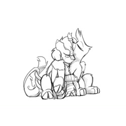 Size: 1280x1280 | Tagged: safe, artist:captainhoers, imported from derpibooru, oc, oc:ardent stream, oc:gráinne ó broin, griffon, kirin, hug, monochrome, sketch, snuggling, winghug, wings