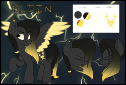 Size: 4000x2700 | Tagged: safe, artist:luxsimx, imported from derpibooru, oc, oc only, oc:eldin, pegasus, pony, braid, colored wings, ear piercing, earring, electricity, glowing, glowing wings, gradient mane, jewelry, male, pegasus oc, piercing, reference sheet, stallion, two toned wings, wings