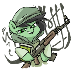 Size: 500x479 | Tagged: safe, artist:plunger, imported from derpibooru, oc, oc only, oc:filly anon, earth pony, pony, ak-47, arabic, assault rifle, book, clothes, earth pony oc, female, filly, foal, gun, hat, holding, hoof hold, looking at you, open mouth, rifle, simple background, solo, teeth, text, weapon, white background