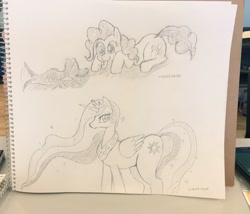 Size: 1024x876 | Tagged: safe, artist:auntie_grub, imported from derpibooru, gummy, pinkie pie, princess celestia, alicorn, alligator, earth pony, pony, female, horn, looking at someone, mare, tongue out, traditional art, wings