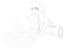 Size: 1300x1000 | Tagged: safe, artist:thebatfang, imported from derpibooru, oc, oc only, oc:s'mare, earth pony, pony, butt freckles, campfire, cute, earth pony oc, female, fire, food, freckles, grayscale, log, mare, marshmallow, monochrome, mouth hold, roasted marshmallow, simple background, sitting, solo, stick, white background