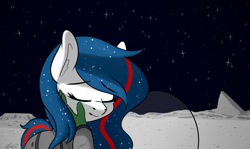 Size: 2181x1299 | Tagged: safe, artist:seafooddinner, imported from derpibooru, oc, oc only, oc:anon, oc:nasapone, earth pony, human, pony, clothes, crying, ear fluff, earth pony oc, eyes closed, female, hand, mare, space, spacesuit, stars