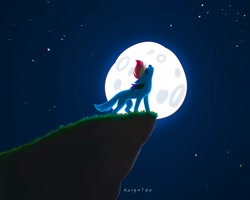 Size: 2048x1638 | Tagged: safe, artist:katputze, imported from derpibooru, rainbow dash, wolf, awoo, cliff, eyes closed, female, full moon, howling, moon, night, nose in the air, solo, species swap, wolfified