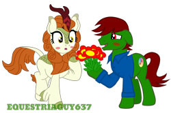 Size: 2058x1367 | Tagged: safe, artist:equestriaguy637, artist:theeditormlp, edit, imported from derpibooru, vector edit, autumn blaze, oc, oc:pastel dice, earth pony, kirin, pony, autel, awwtumn blaze, blushing, canon x oc, cute, female, flower, long sleeved shirt, male, shipping, simple background, stallion, transparent background, vector, watermark