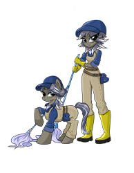 Size: 3111x4000 | Tagged: safe, artist:windywendy29, derpibooru exclusive, imported from derpibooru, oc, oc only, oc:squeaky cleaner, earth pony, human, pony, equestria girls, assassin, baseball cap, belt, boots, cap, clothes, ear piercing, earring, equestria girls-ified, female, gloves, hat, janitor, jewelry, mare, mop, overalls, piercing, raised hoof, scar, self paradox, self ponidox, shirt, shoes, simple background, transparent background