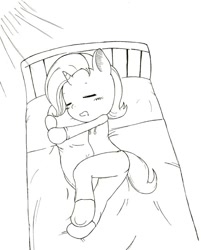 Size: 570x710 | Tagged: safe, artist:auntie_grub, imported from derpibooru, pony, semi-anthro, unicorn, bed, clothes, eyes closed, female, horn, jacket, mare, sleeping, solo