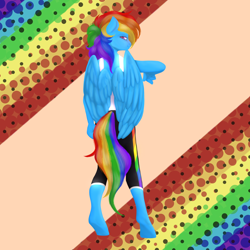 Size: 2048x2048 | Tagged: safe, artist:kikonoraster, imported from derpibooru, rainbow dash, anthro, pegasus, unguligrade anthro, blushing, clothes, equestria girls outfit, female, from behind, implied tail hole, leggings, looking at you, looking back, looking back at you, looking over shoulder, smiling, solo, tanktop