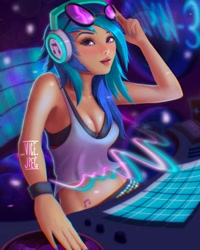 Size: 1890x2362 | Tagged: safe, artist:vicejpeg, imported from derpibooru, dj pon-3, vinyl scratch, human, bare shoulders, bra, breasts, busty vinyl scratch, clothes, female, headphones, humanized, looking at you, midriff, rave, signature, sleeveless, smiling, solo, sunglasses, tanktop, tattoo, turntable, underwear